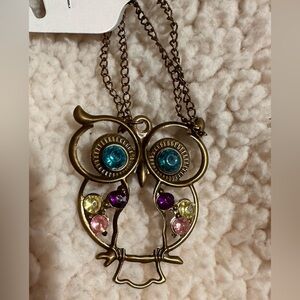 Owl with colored rhinestones costume jewelry necklace bronze colored metal new